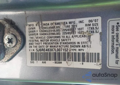 2007 Honda Cr-V Lx из США, поврежденный, VIN 5J6RE483X7L007152